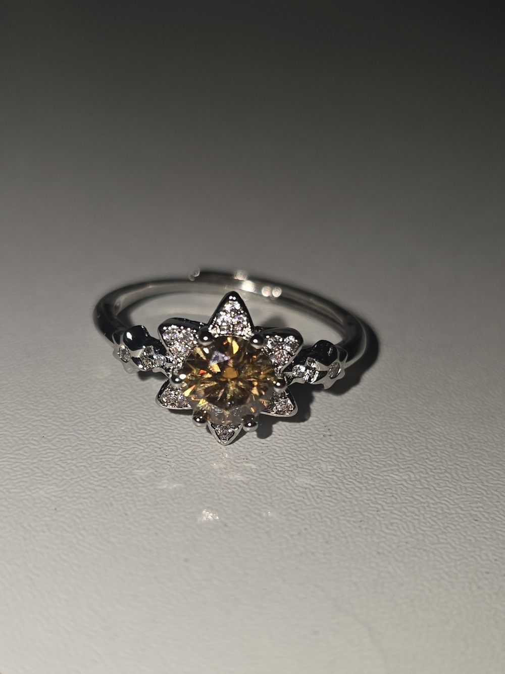 Silver Tone Flower Cocktail Cluster Ring Yellow Round Moissanite Adjustable Size